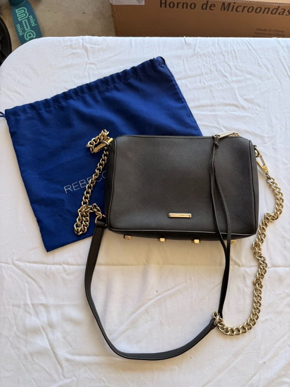 Rebecca Minkoff Black Saffiano Crossbody Bag with Gold Chain
